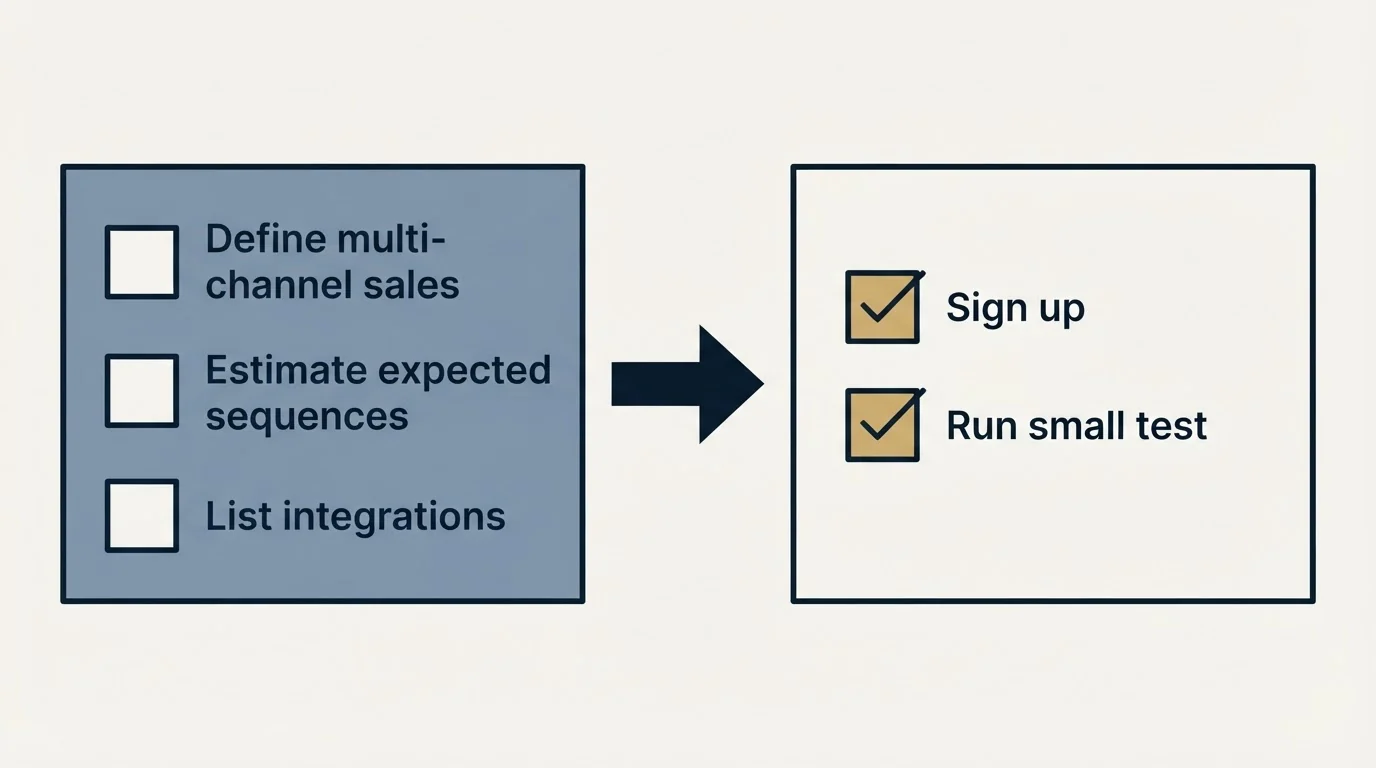 Before-and-after steps: Getting Started Checklist (Define multi-channel sales, Estimate expected sequences, List integrations, Sign up)