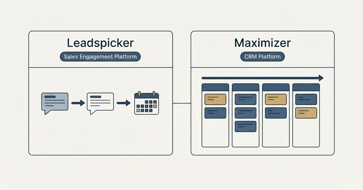 Side-by-side panels: Leadspicker vs Maximizer (Sales Engagement Platform, CRM Platform)