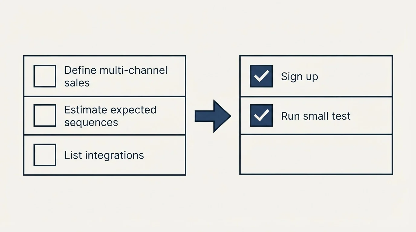 Before-and-after steps: Getting Started Checklist (Define multi-channel sales, Estimate expected sequences, List integrations, Sign up)