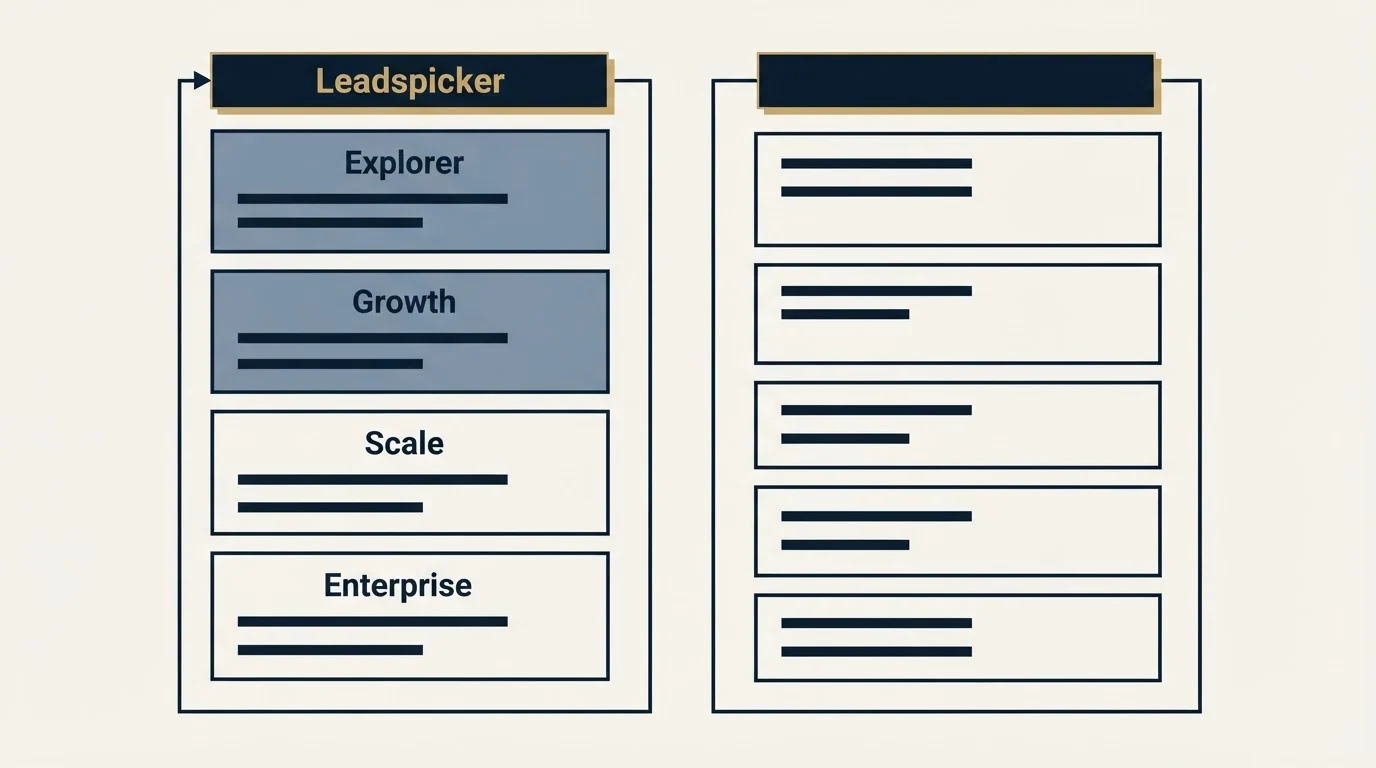 Pricing panels: Pricing Comparison (Leadspicker, Explorer, Growth, Scale)