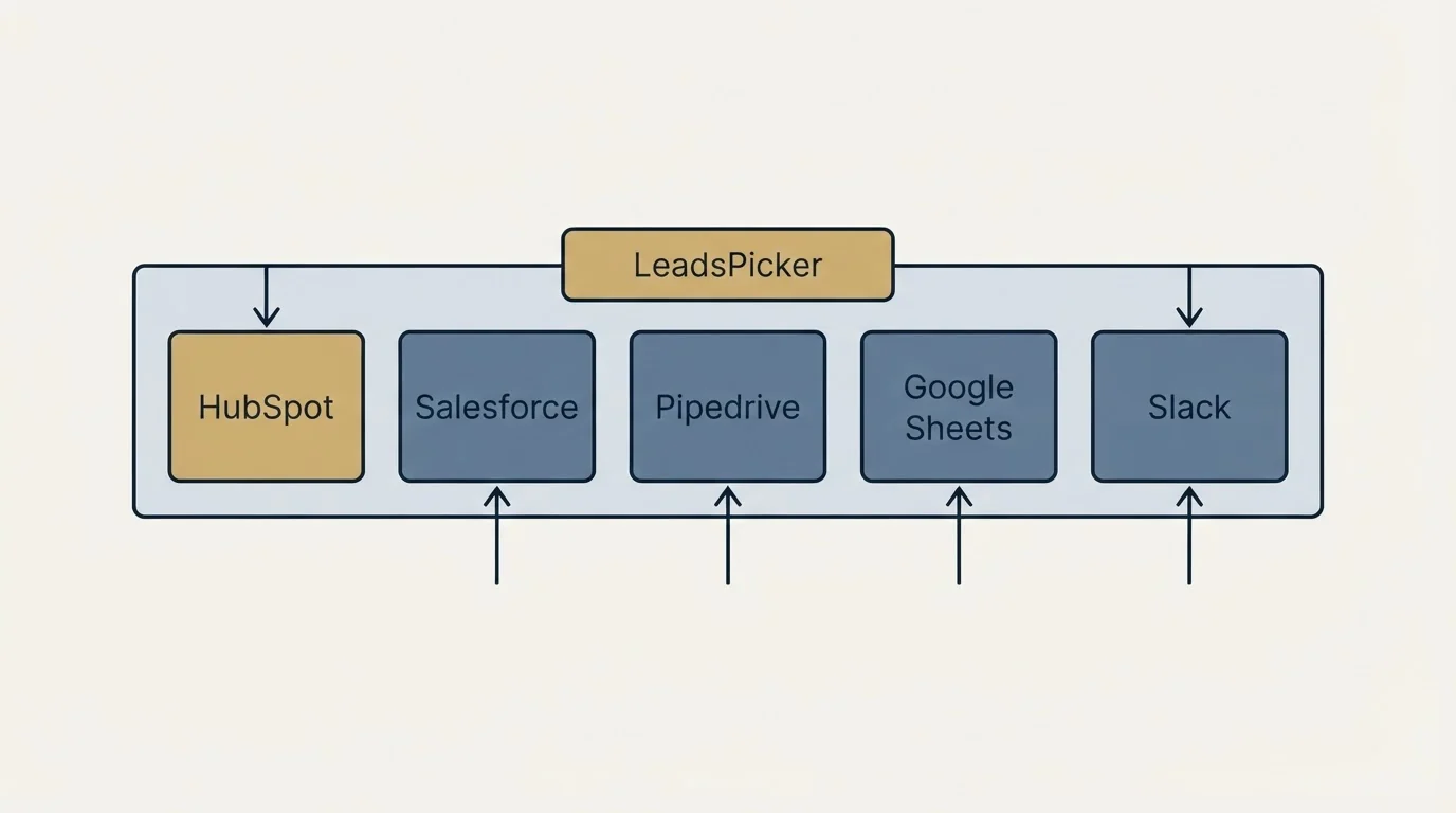 Integration schematic: Integration Ecosystem (LeadsPicker, HubSpot, Salesforce, Pipedrive)
