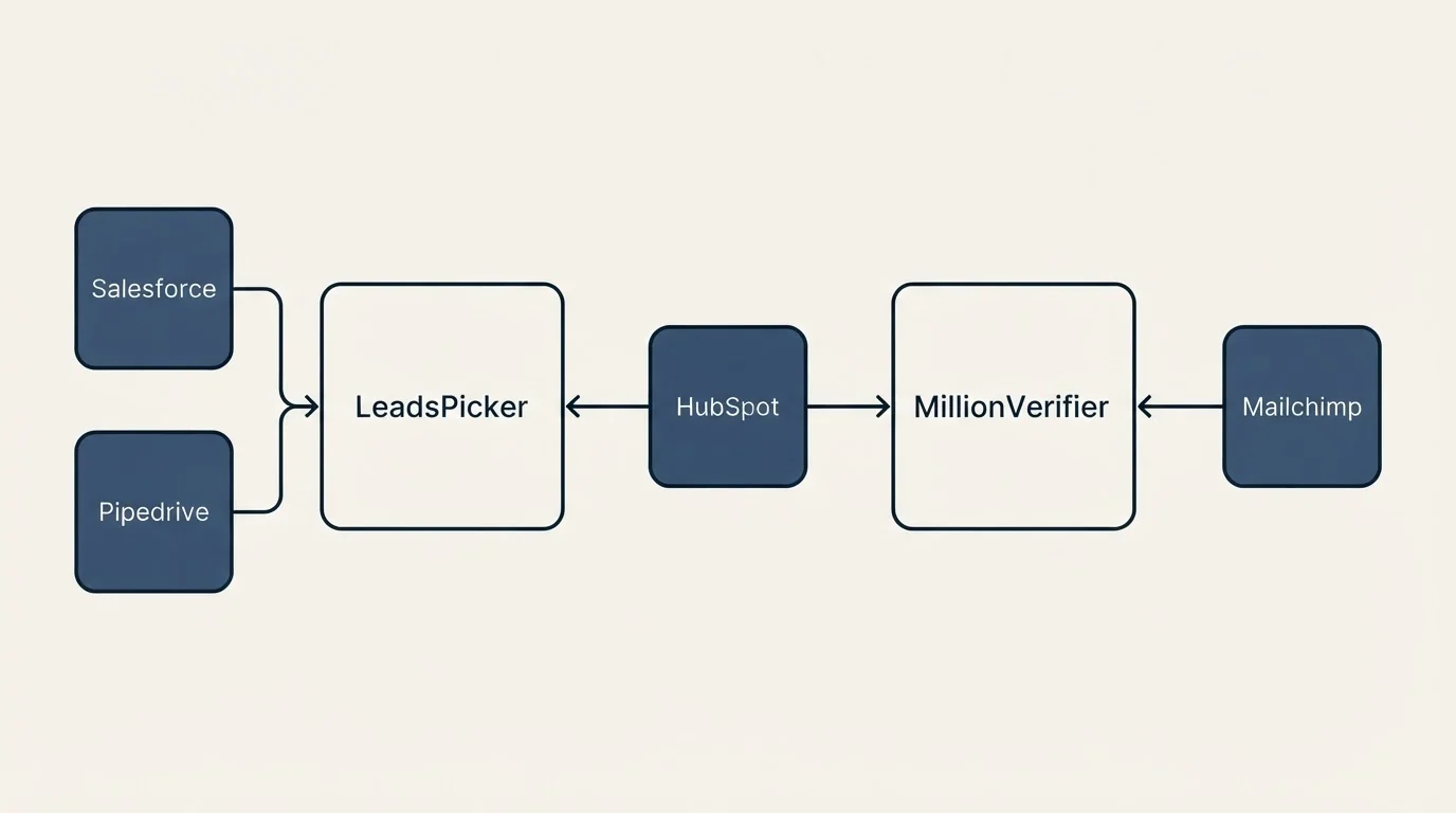 Integration schematic: Integration Ecosystem (LeadsPicker, MillionVerifier, HubSpot, Salesforce)
