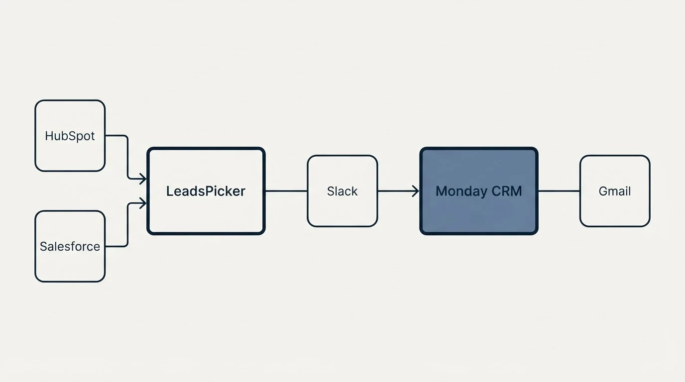 Integration schematic: Integration Ecosystem (LeadsPicker, Monday CRM, Slack, HubSpot)