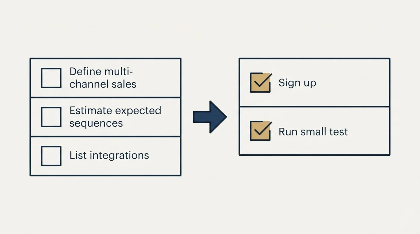 Before-and-after steps: Getting Started Checklist (Define multi-channel sales, Estimate expected sequences, List integrations, Sign up)