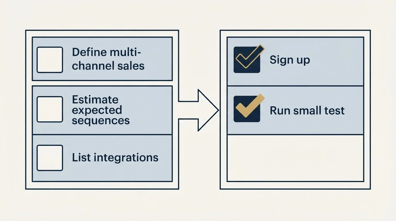 Before-and-after steps: Getting Started Checklist (Define multi-channel sales, Estimate expected sequences, List integrations, Sign up)