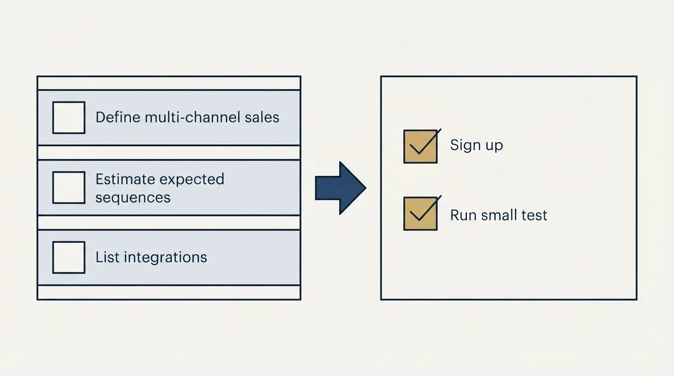 Before-and-after steps: Getting Started Checklist (Define multi-channel sales, Estimate expected sequences, List integrations, Sign up)