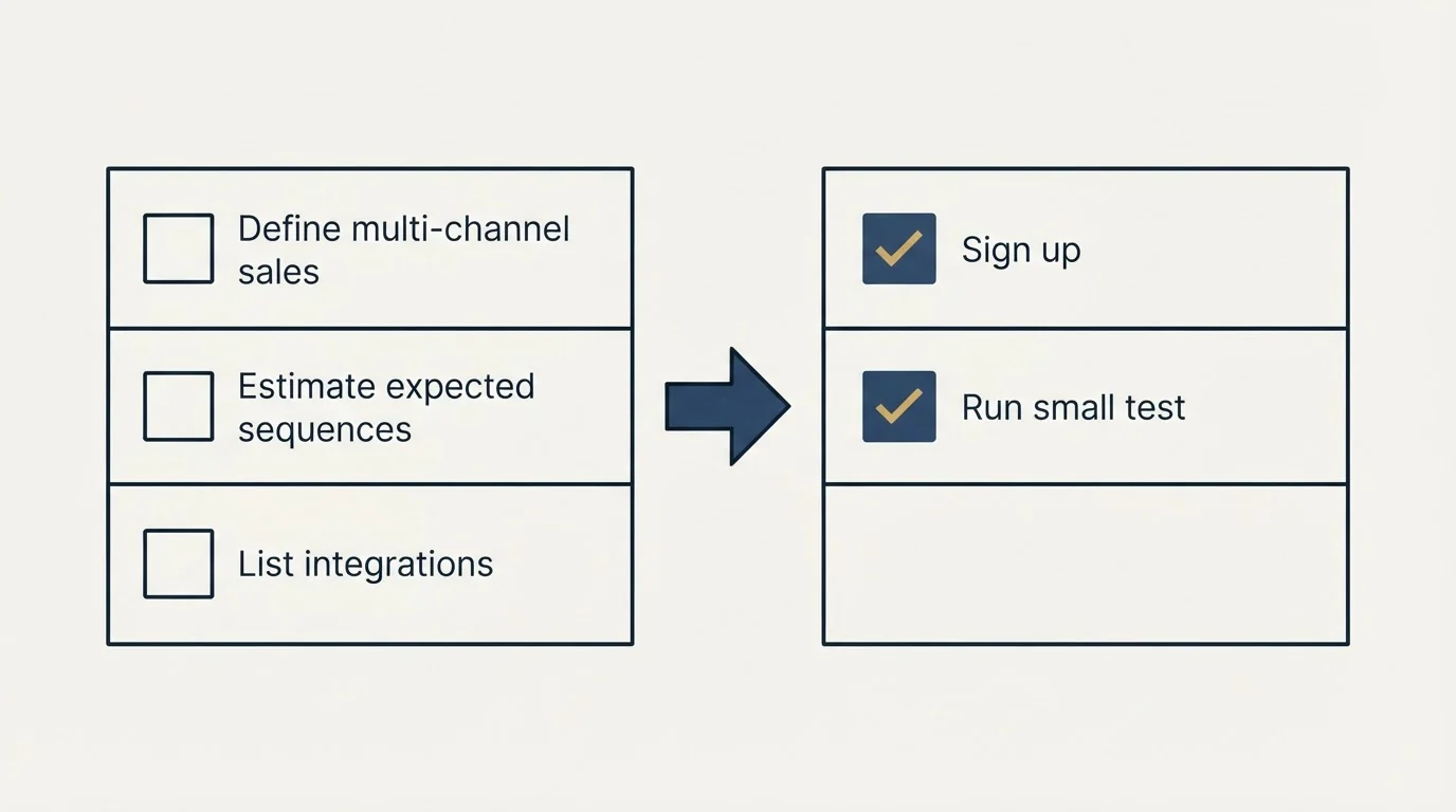 Before-and-after steps: Getting Started Checklist (Define multi-channel sales, Estimate expected sequences, List integrations, Sign up)