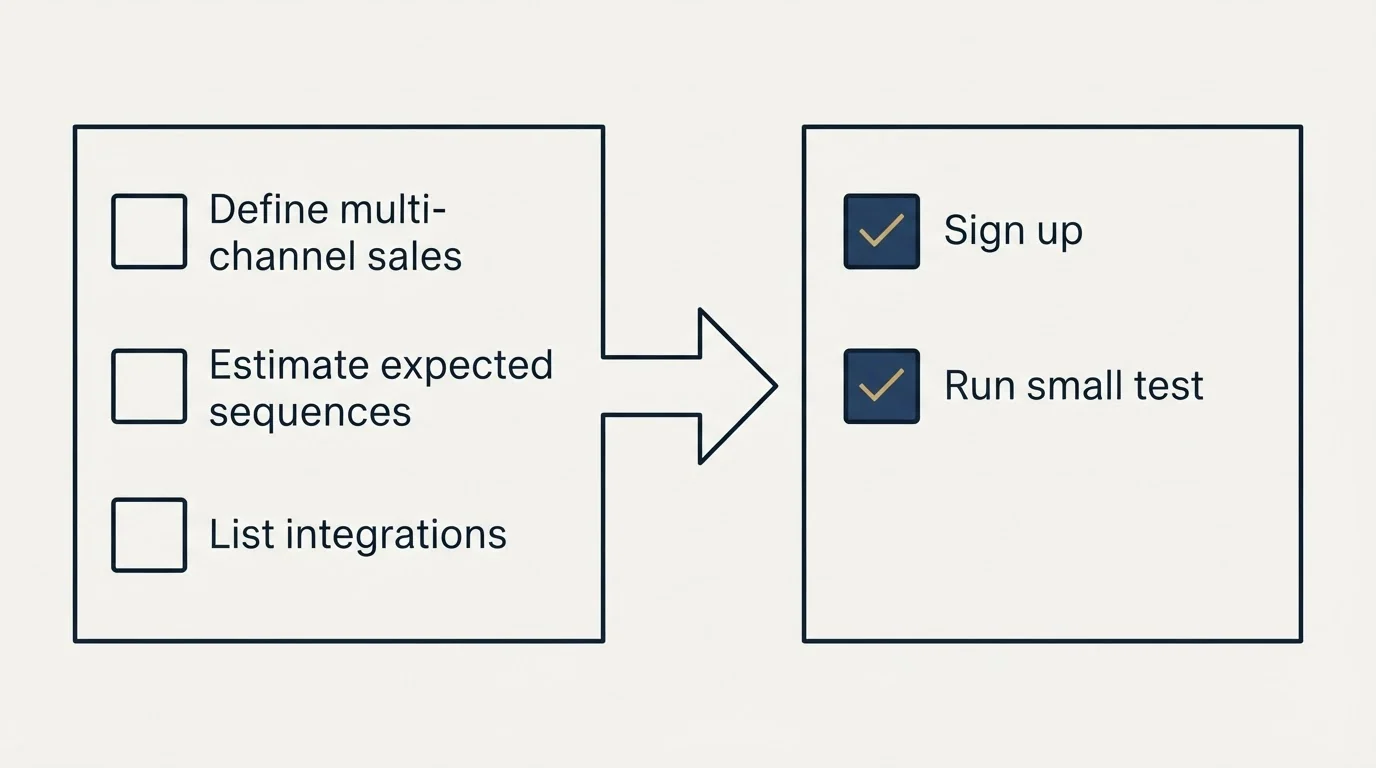 Before-and-after steps: Getting Started Checklist (Define multi-channel sales, Estimate expected sequences, List integrations, Sign up)