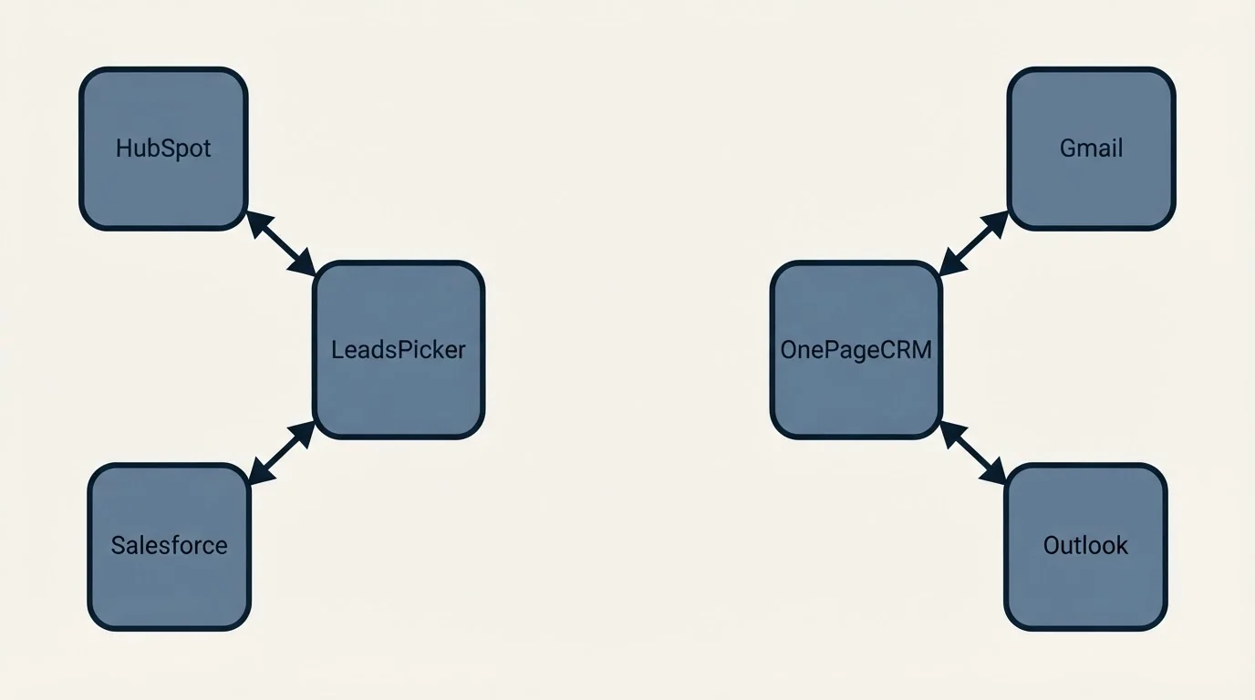 Integration schematic: Integration Ecosystem (LeadsPicker, OnePageCRM, HubSpot, Gmail)