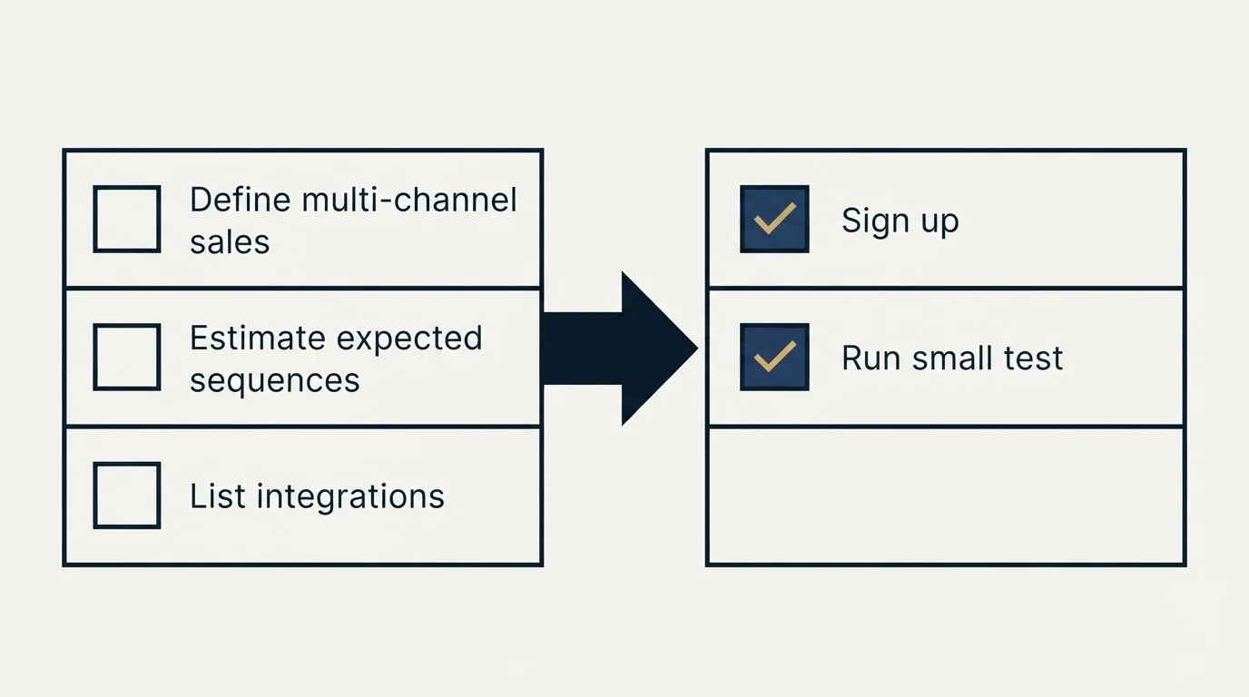 Before-and-after steps: Getting Started Checklist (Define multi-channel sales, Estimate expected sequences, List integrations, Sign up)
