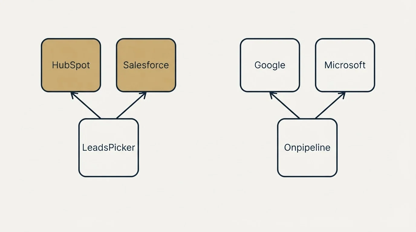Integration schematic: Integration Ecosystem (LeadsPicker, Onpipeline, HubSpot, Google)