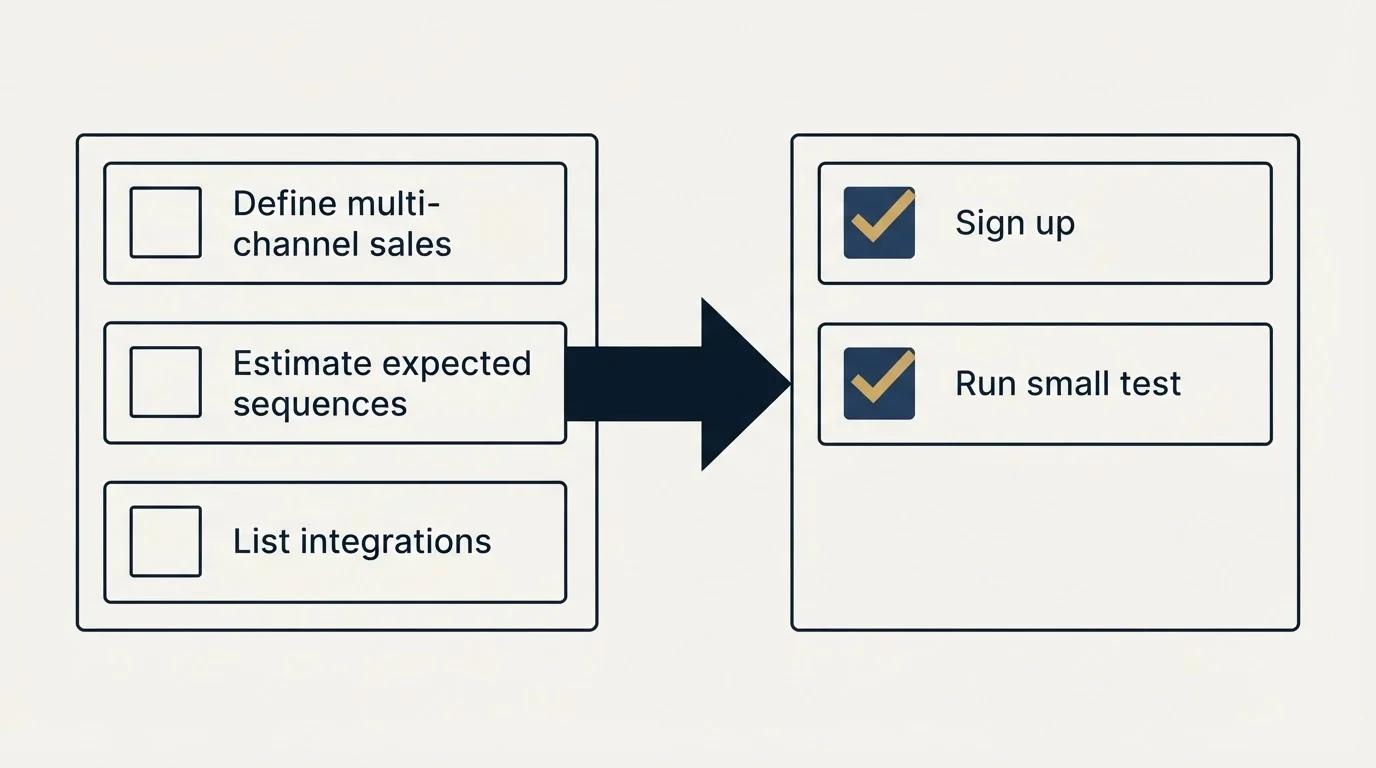 Before-and-after steps: Getting Started Checklist (Define multi-channel sales, Estimate expected sequences, List integrations, Sign up)