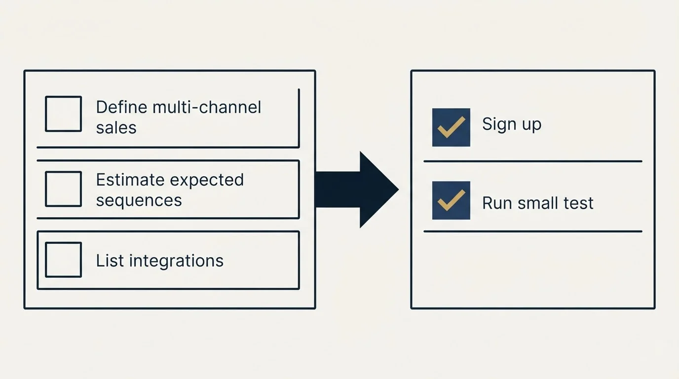 Before-and-after steps: Getting Started Checklist (Define multi-channel sales, Estimate expected sequences, List integrations, Sign up)