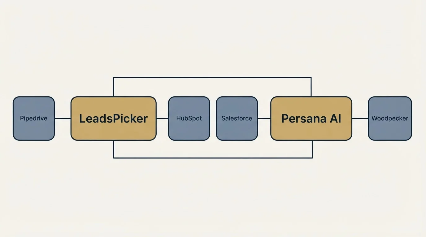 Integration schematic: Integration Ecosystem (LeadsPicker, Persana AI, HubSpot, Salesforce)