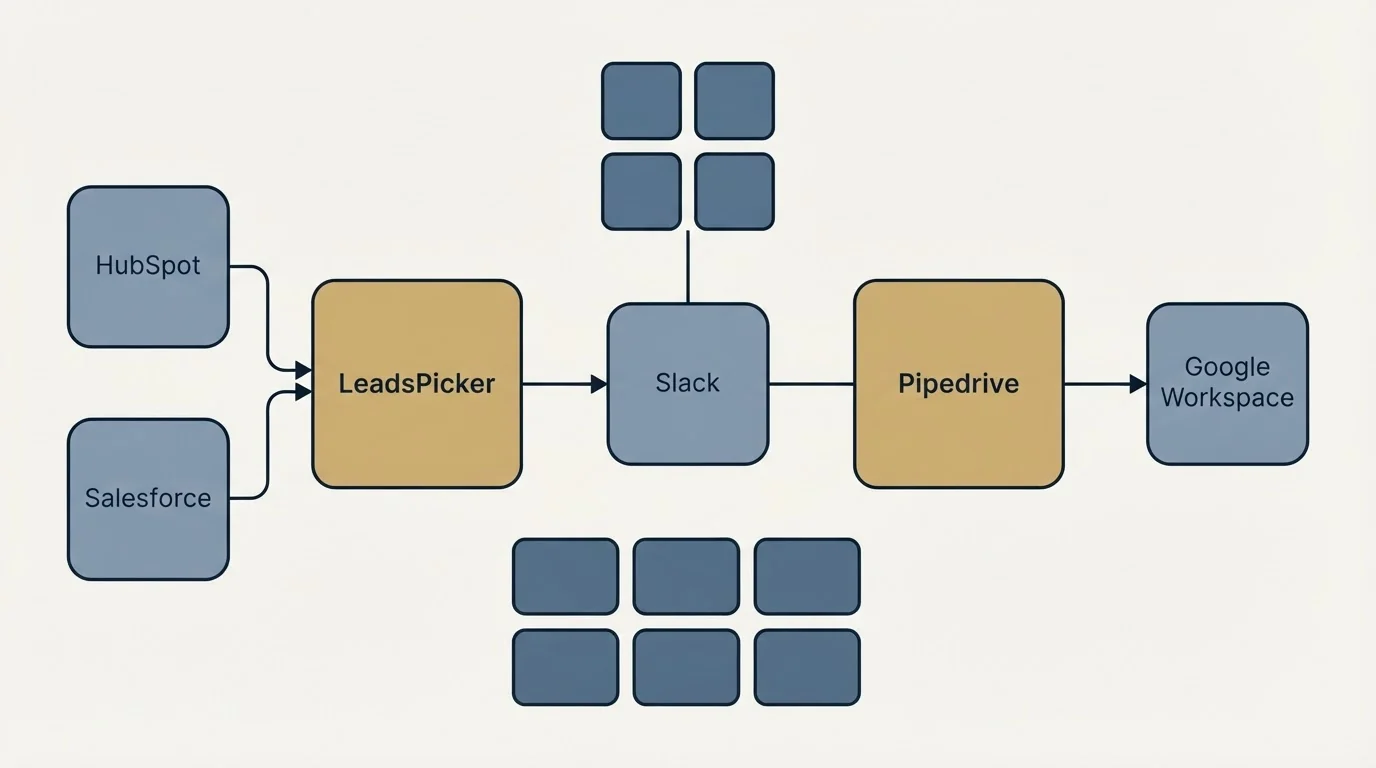 Integration schematic: Integration Ecosystem (LeadsPicker, Pipedrive, Slack, HubSpot)