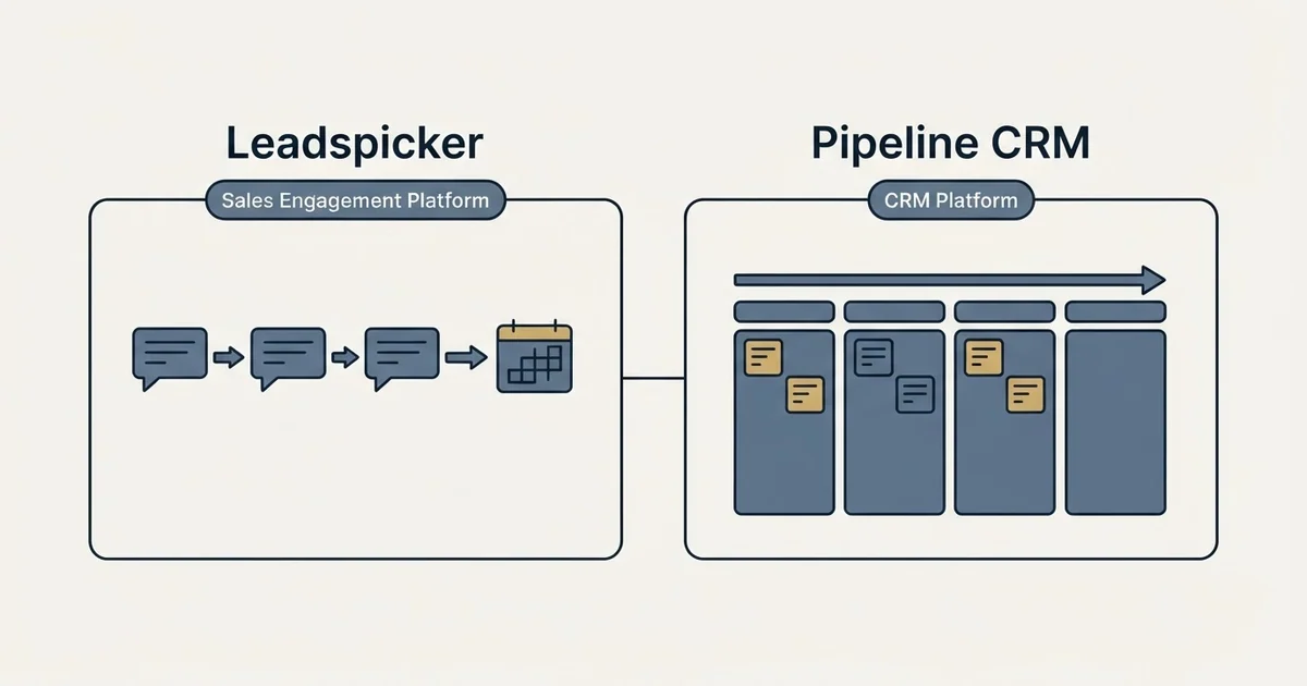 Side-by-side panels: Leadspicker vs Pipeline CRM (Sales Engagement Platform, CRM Platform)