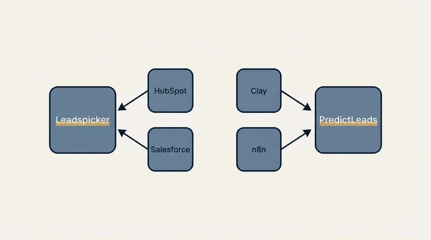 Integration grid: Integration Ecosystem (Leadspicker, PredictLeads, HubSpot, Clay)