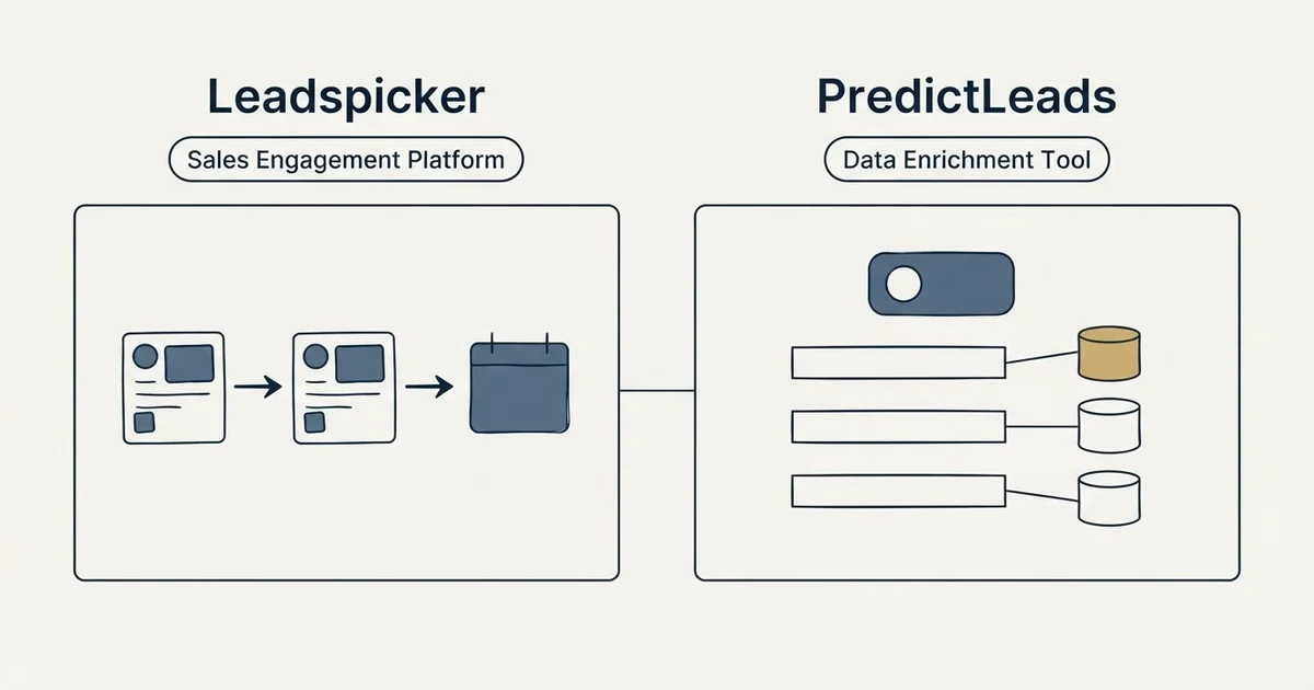 Side-by-side panels: Leadspicker vs PredictLeads (Sales Engagement Platform, Data Enrichment Tool)