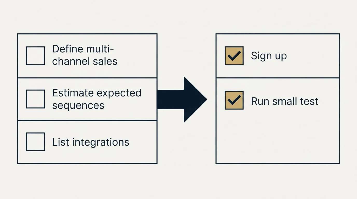 Before-and-after steps: Getting Started Checklist (Define multi-channel sales, Estimate expected sequences, List integrations, Sign up)