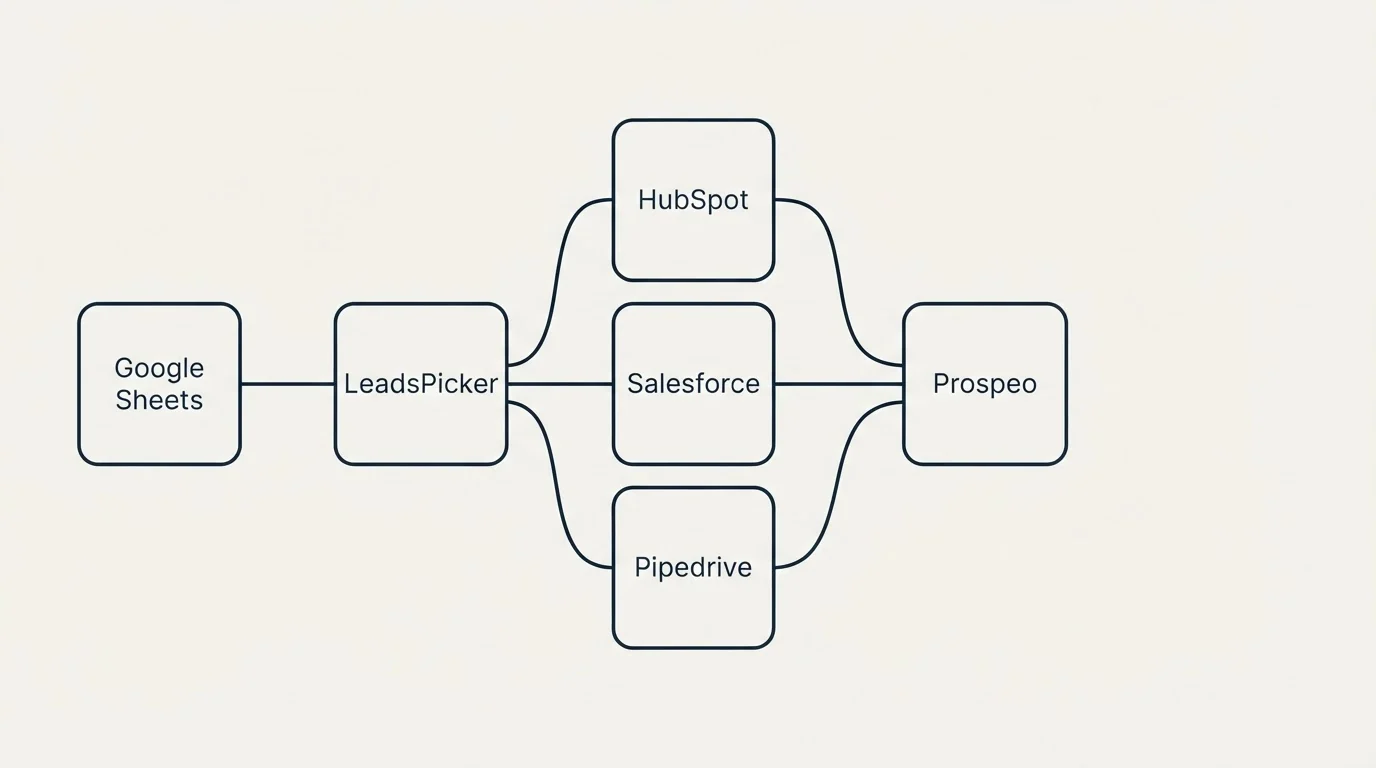 Integration schematic: Integration Ecosystem (LeadsPicker, Prospeo, HubSpot, Salesforce)
