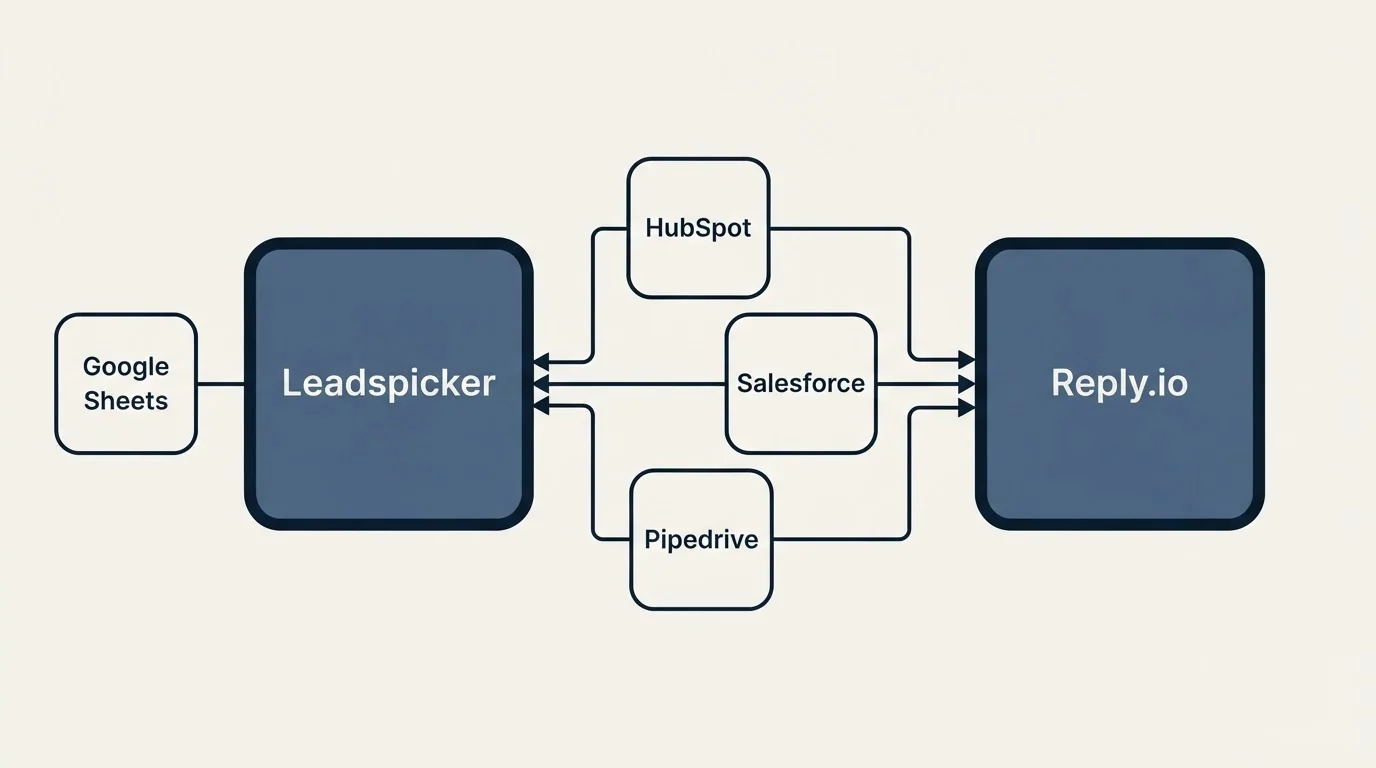Integration schematic: Integration Ecosystem (Leadspicker, Reply.io, HubSpot, Salesforce)