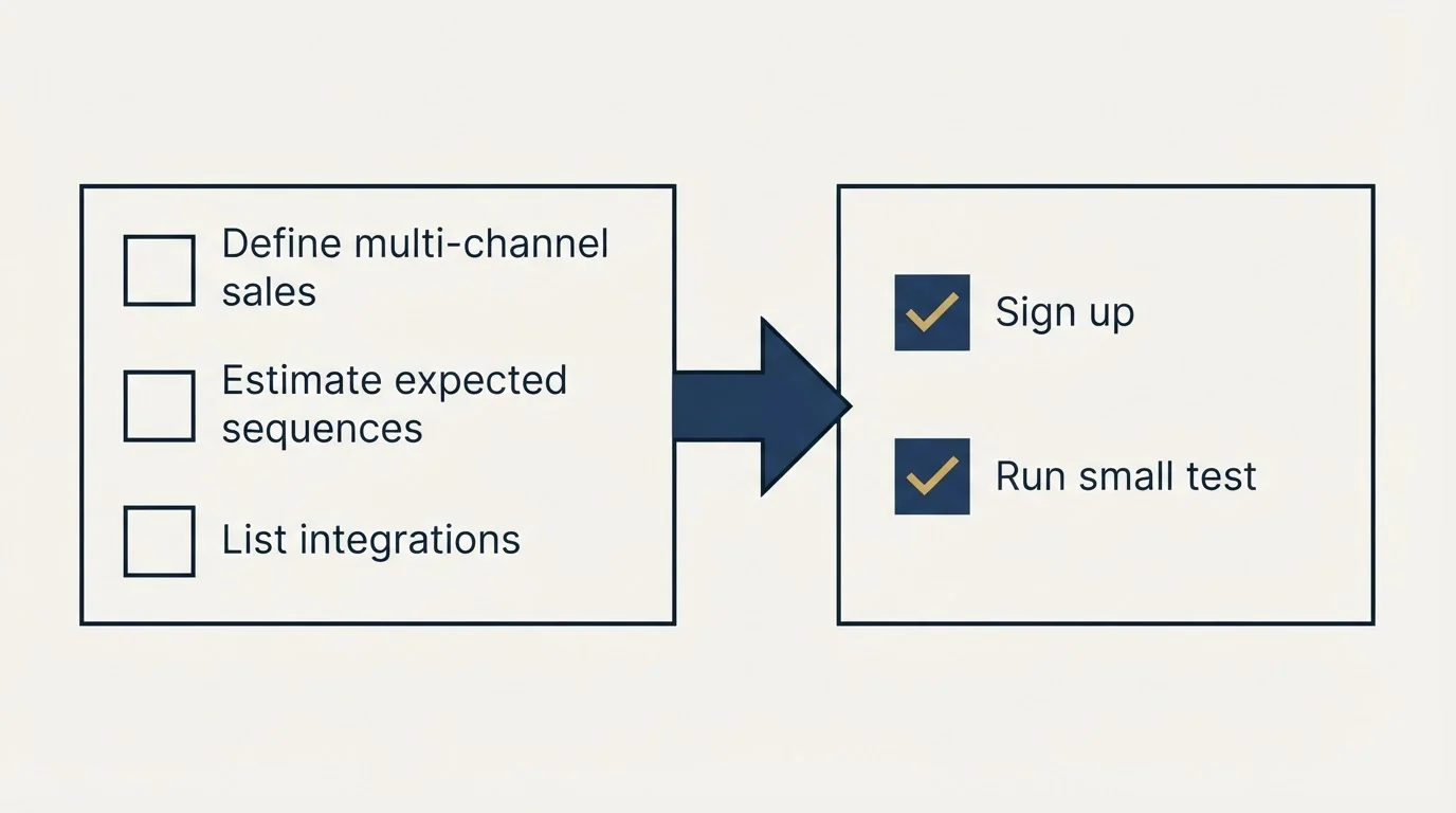 Before-and-after steps: Getting Started Checklist (Define multi-channel sales, Estimate expected sequences, List integrations, Sign up)