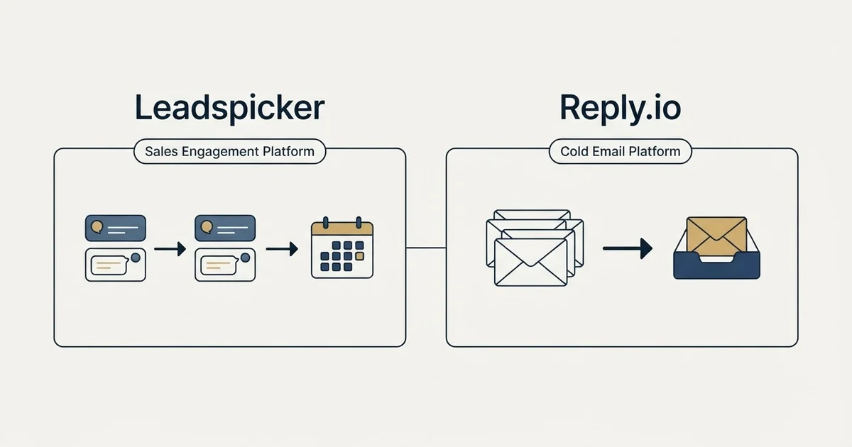 Side-by-side panels: Leadspicker vs Reply.io (Sales Engagement Platform, Cold Email Platform)