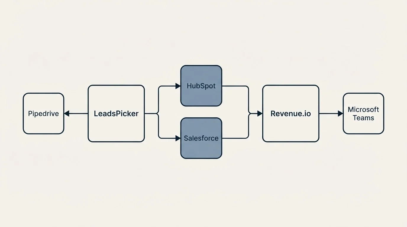 Integration schematic: Integration Ecosystem (LeadsPicker, Revenue.io, HubSpot, Salesforce)