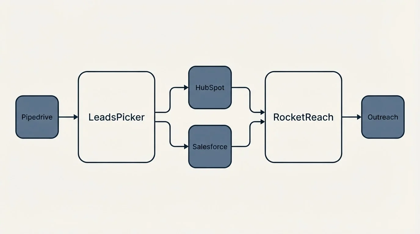 Integration schematic: Integration Ecosystem (LeadsPicker, RocketReach, HubSpot, Salesforce)