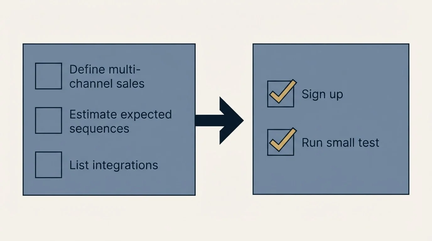 Before-and-after steps: Getting Started Checklist (Define multi-channel sales, Estimate expected sequences, List integrations, Sign up)