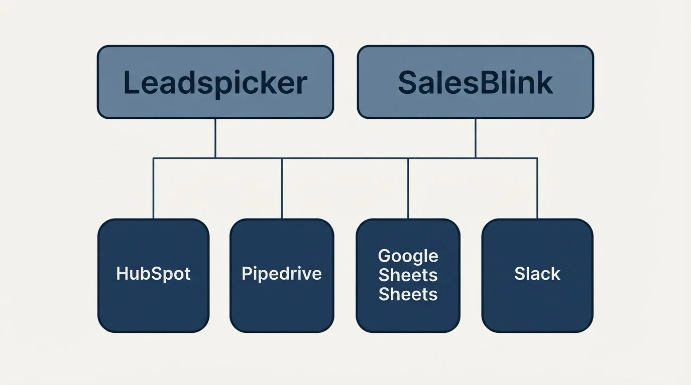 Integration grid: Integration Ecosystem (Leadspicker, SalesBlink, HubSpot, Pipedrive)