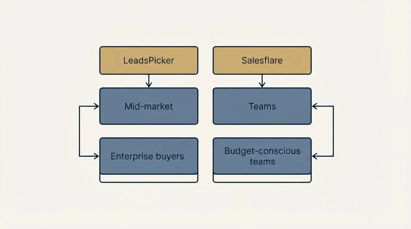 Two-column comparison: Use Case Recommendations (LeadsPicker, Salesflare, Mid-market, Teams)
