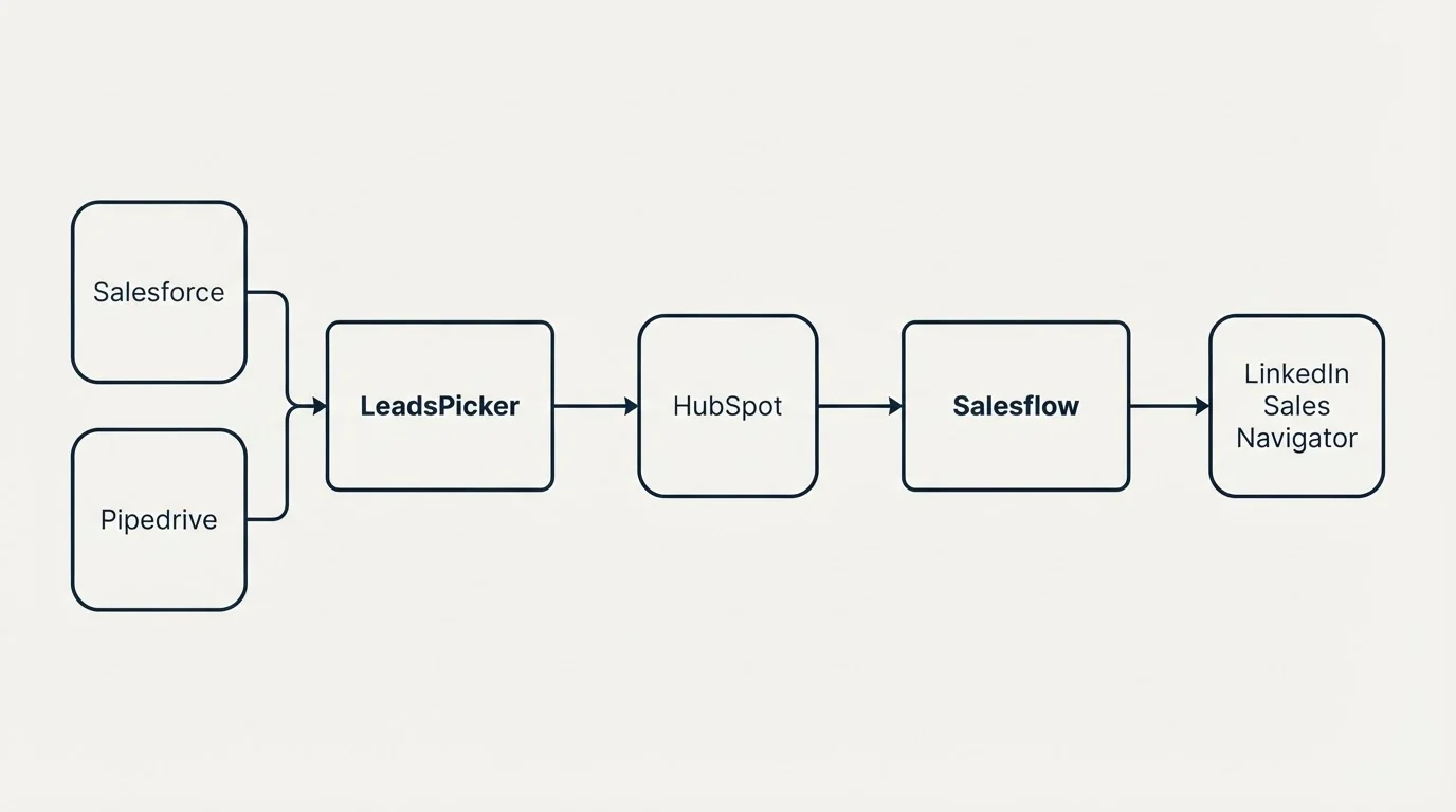 Integration schematic: Integration Ecosystem (LeadsPicker, Salesflow, HubSpot, Salesforce)
