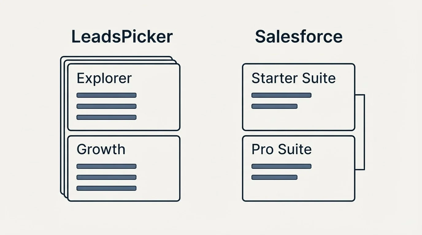 Pricing panels: Pricing Comparison (LeadsPicker, Salesforce, Explorer, Starter Suite)
