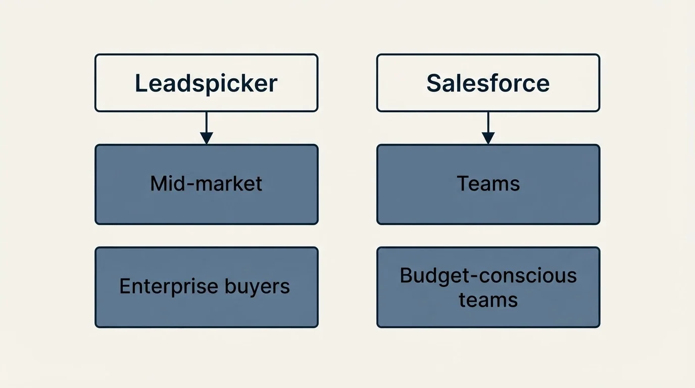 Two-column comparison: Use Case Recommendations (Leadspicker, Salesforce, Mid-market, Teams)