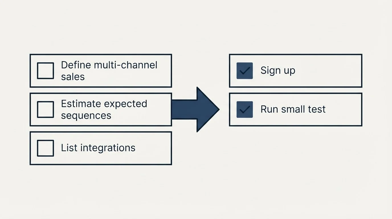 Before-and-after steps: Getting Started Checklist (Define multi-channel sales, Estimate expected sequences, List integrations, Sign up)