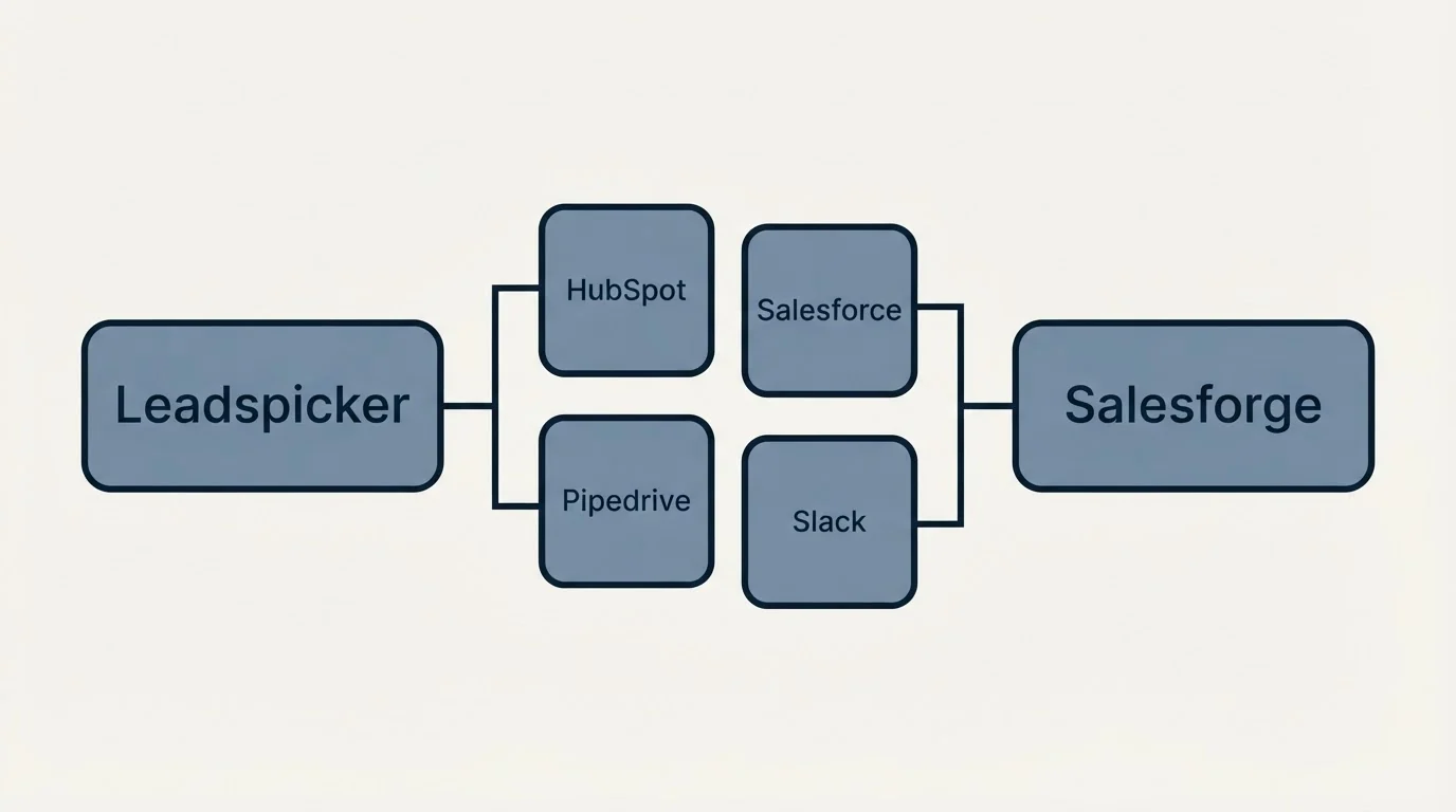 Integration schematic: Integration Ecosystem (Leadspicker, Salesforge, HubSpot, Salesforce)