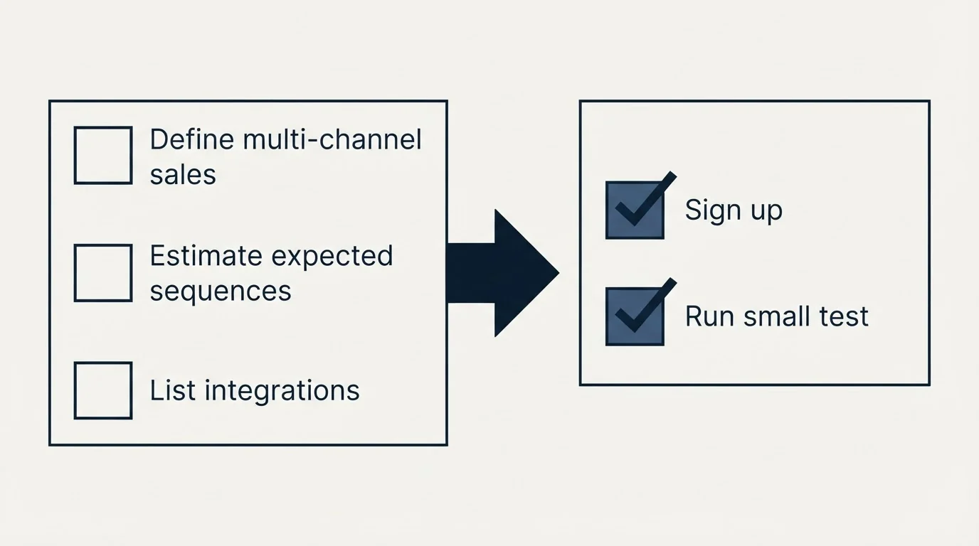 Before-and-after steps: Getting Started Checklist (Define multi-channel sales, Estimate expected sequences, List integrations, Sign up)
