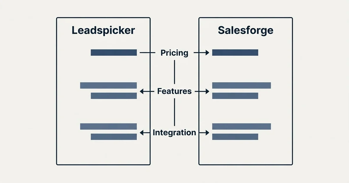 Comparison panel: Leadspicker vs Salesforge (Pricing, Features, Integration)