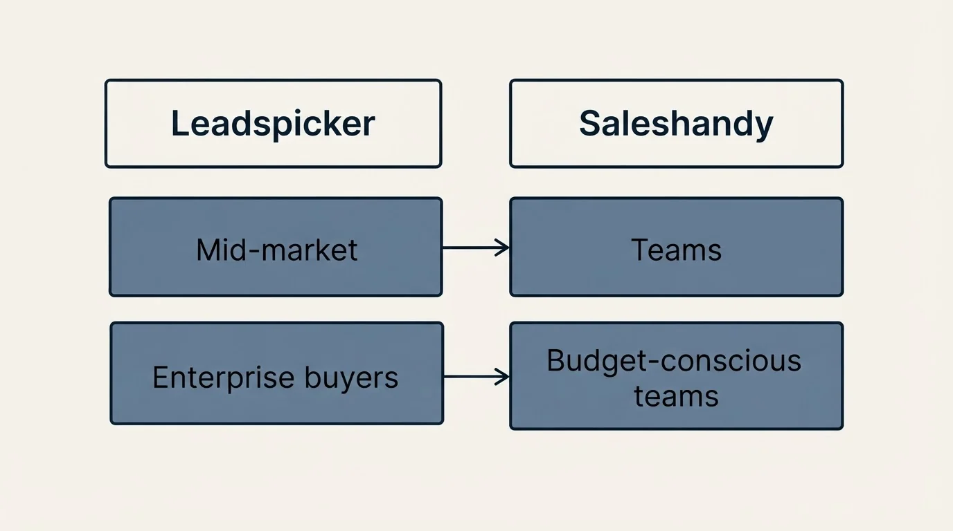 Two-column comparison: Use Case Recommendations (Leadspicker, Saleshandy, Mid-market, Teams)