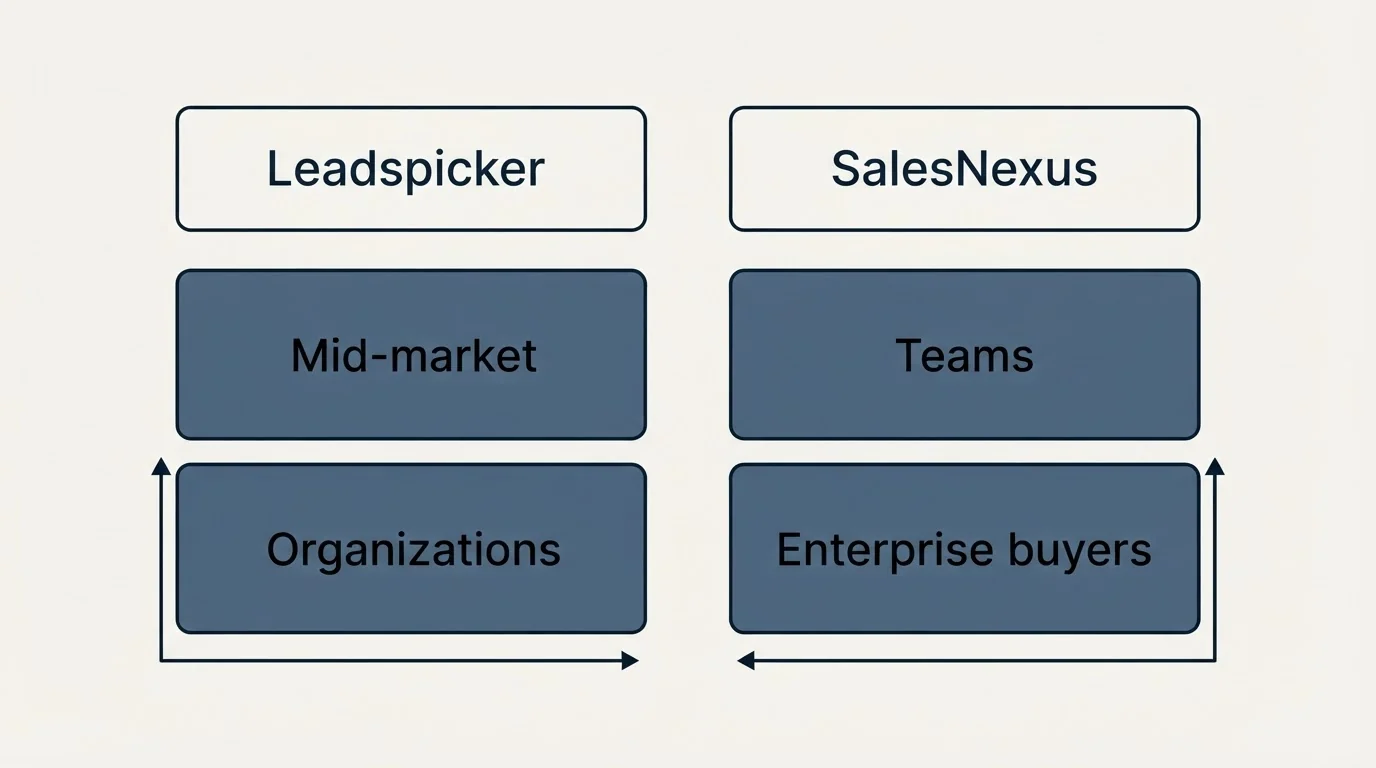 Two-column comparison: Use Case Recommendations (Leadspicker, SalesNexus, Mid-market, Teams)