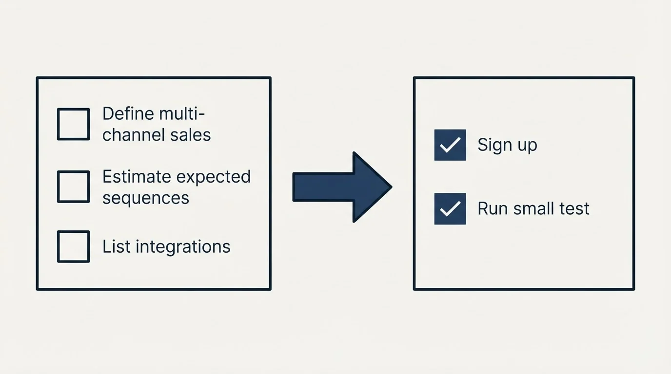Before-and-after steps: Getting Started Checklist (Define multi-channel sales, Estimate expected sequences, List integrations, Sign up)