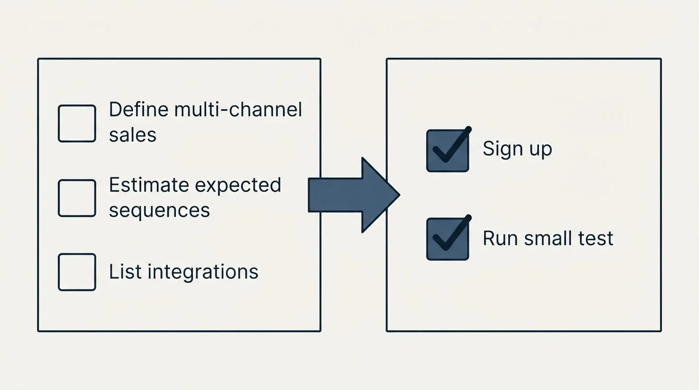 Before-and-after steps: Getting Started Checklist (Define multi-channel sales, Estimate expected sequences, List integrations, Sign up)