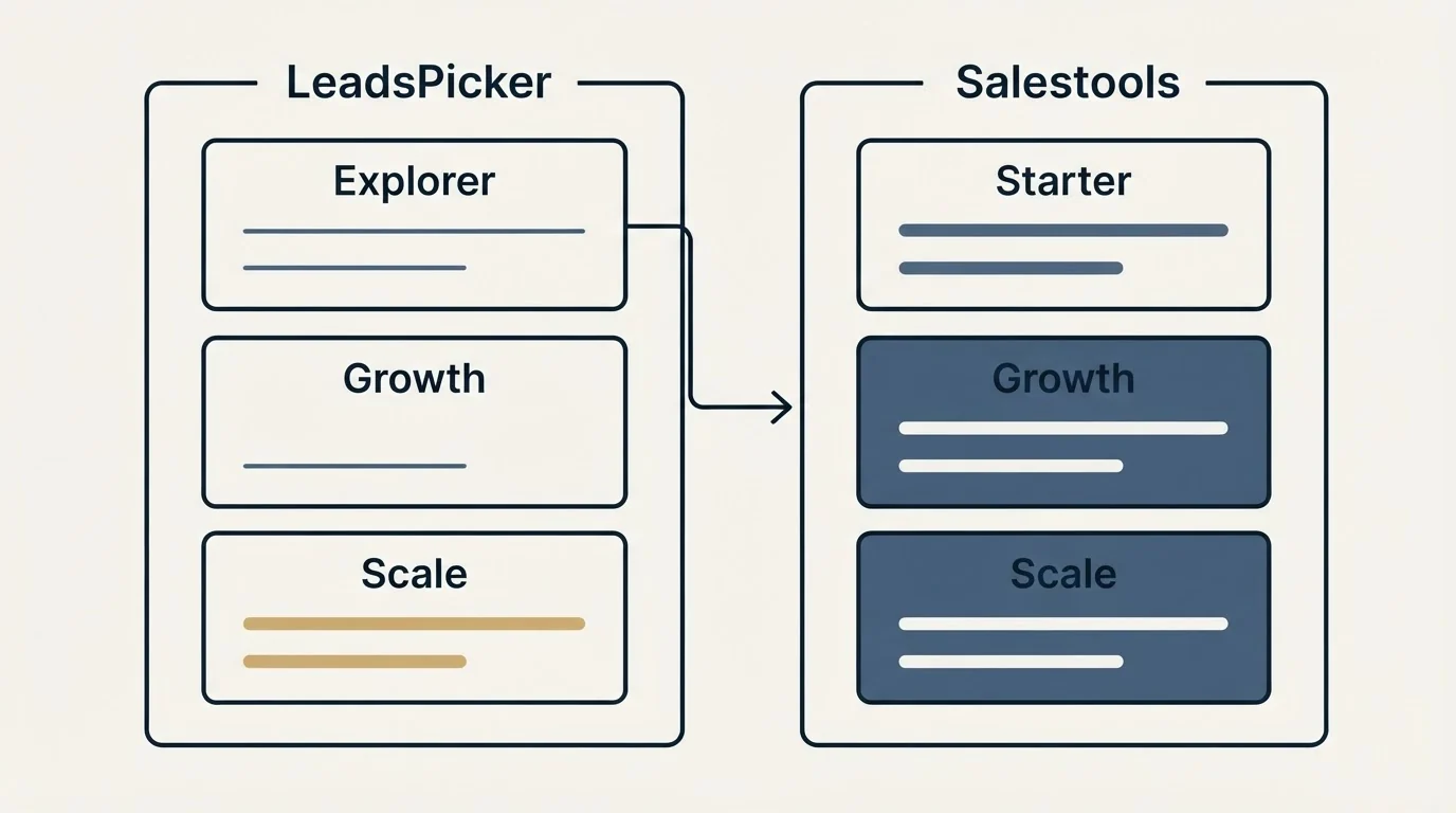 Pricing panels: Pricing Comparison (LeadsPicker, Salestools, Explorer, Starter)