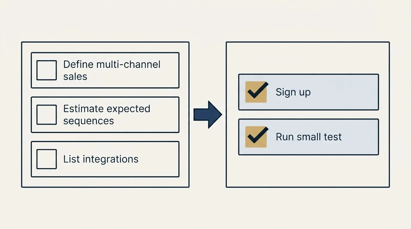 Before-and-after steps: Getting Started Checklist (Define multi-channel sales, Estimate expected sequences, List integrations, Sign up)