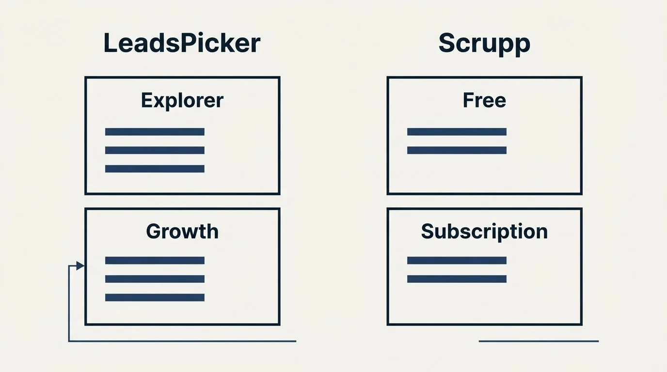Pricing panels: Pricing Comparison (LeadsPicker, Scrupp, Explorer, Free)