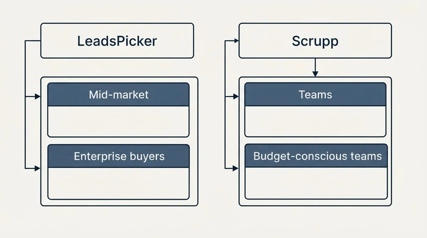 Two-column comparison: Use Case Recommendations (LeadsPicker, Scrupp, Mid-market, Teams)