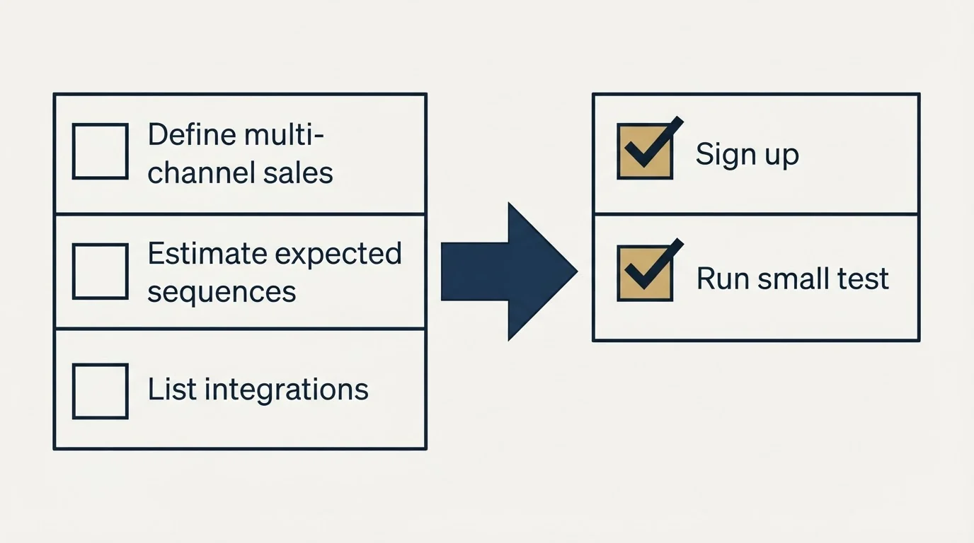 Before-and-after steps: Getting Started Checklist (Define multi-channel sales, Estimate expected sequences, List integrations, Sign up)