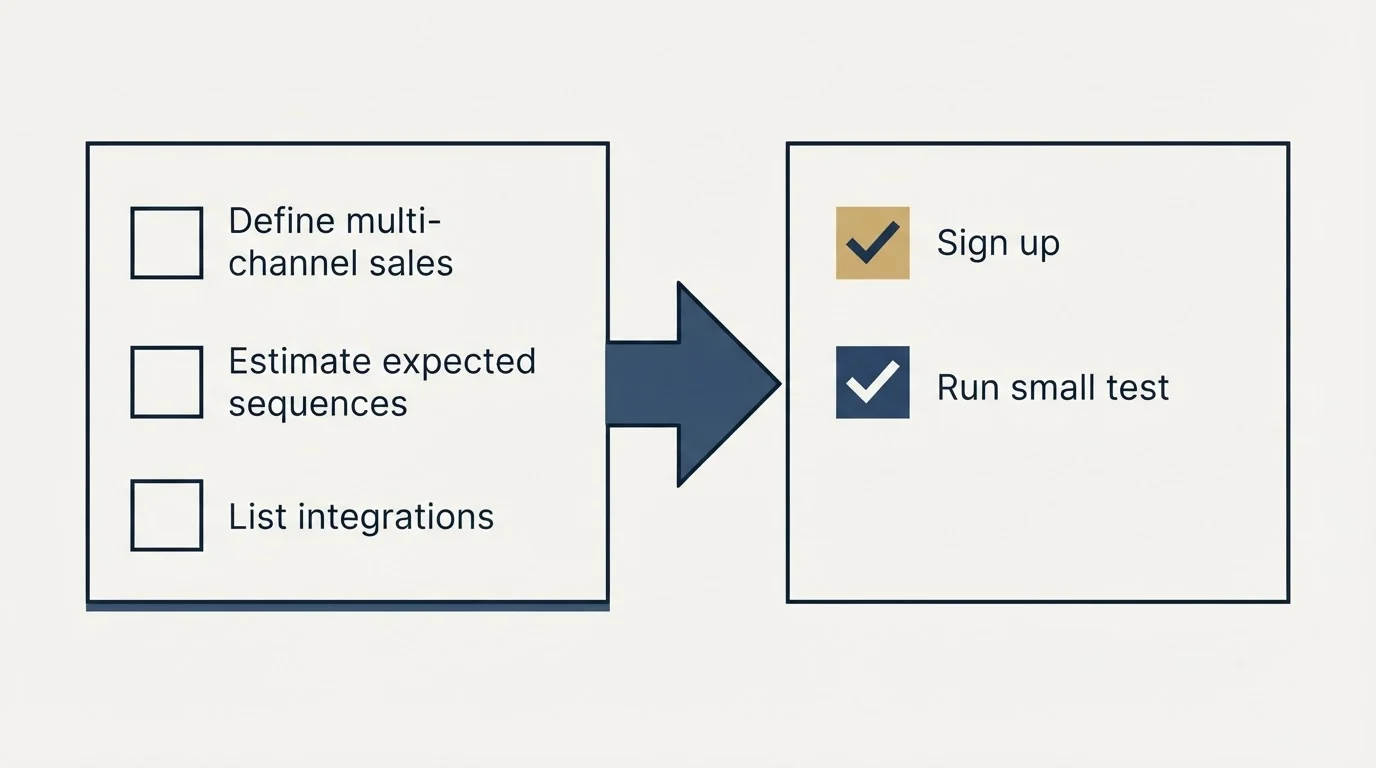 Before-and-after steps: Getting Started Checklist (Define multi-channel sales, Estimate expected sequences, List integrations, Sign up)