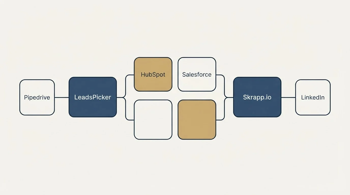 Integration schematic: Integration Ecosystem (LeadsPicker, Skrapp.io, HubSpot, Salesforce)